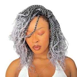 CISINPO Boho Twist Crochet Hair 14 Inch, 8 Packs Wavy Senegalese Twist Crochet Hair with Curly Ends, Ombre Gray Pre-Looped Pre-Twisted Island Style Goddess Passion Braids (120 Strands, T Grey)