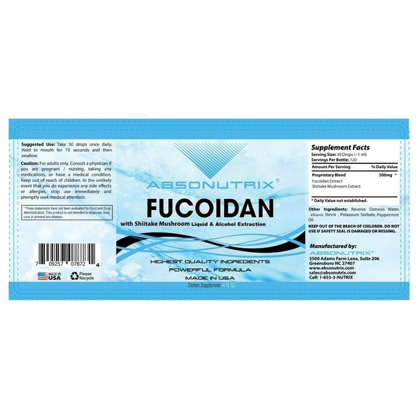 Absonutrix Fucoidan with Shitake Mushroom Liquid 500 mg 4 Fl Oz Vegetable Capsules, antioxidant Immunity 120 Servings per Bottle Made in USA