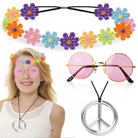 Hippie Accessories Hippie Costume Accessories, 70s Clothing Women's Flower Power Accessories, Hippie Clothing with Retro Glasses Necklace Hippie Colourful Garlands for 60s 70s 80s Party Accessories