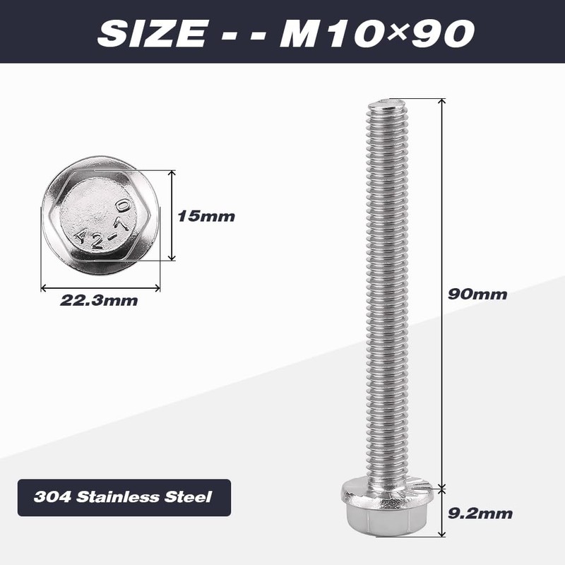 M10-1.5 x 90mm (6 pcs) Flanged Hex Bolts, 304 Stainless