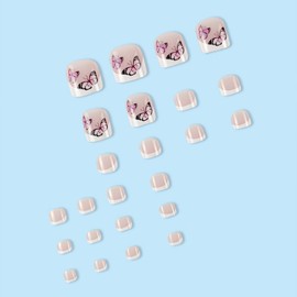 Press on Toenails Butterfly Fake Toe Nails with Designs French Tip False Toe Nails Stick on Toenails Glossy Full Cover Acrylic Artificial Glue on Toe Nails for Women Toe Nails Art Decoration 24 Pcs