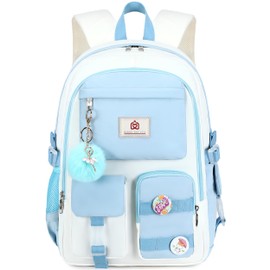 Laptop Backpacks 15.6 Inch School Bag Elementary Middle High College Backpack Cute Bookbags Anti Theft Travel Back Pack Casual Daypack Kids Book Bag for Teens Girls Women Students-Blue Beige