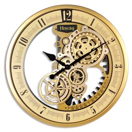 Hnycinj 18 inch Original Industrial Wall Clock, Non-Ticking Vintage Real Moving Gear Battery Operated Steampunk Decor Metal Clock for Living Room, Farmhouse, Home Kitchen (Gold, 18 Inch)