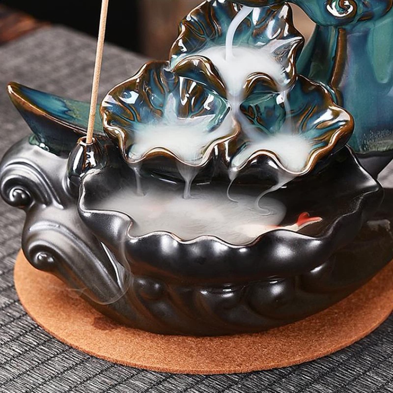 XUDREZ Moon Backflow Incense Burner, Lotus Leaf Pond Ceramic Incense