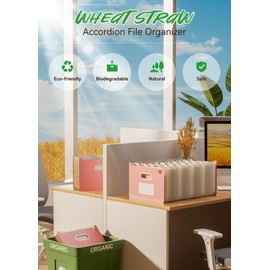 EcoStash Accordion File Organiser, 26 Pockets A4 Wheat Straw Expanding File Folders, Monthly Filling Document Organiser, Upright Open Top, BPA Free, Return to Nature, Healthy Living, Strawberry Pink