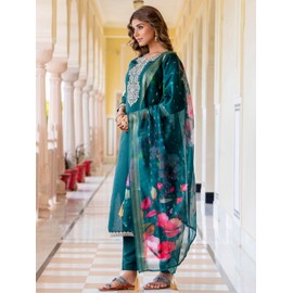 VredeVogel Kurta Set with Dupatta | Viscose Roman Silk Embroidered Kurta Set for Women | Women's Ethnic Set | Kurta Pant Festive Suit (Green-Large)