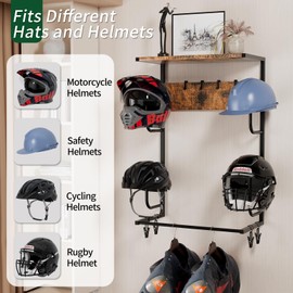 OMISRUIS Motorcycle Helmet Holder Wall-Mounted Helmet Rack with 4 Glove Chips& Hooks - Rustic Bike Helmets Storage Organizer, Universal Wall Mount for Helmets, Gear, Clothes, Accessories，Retro