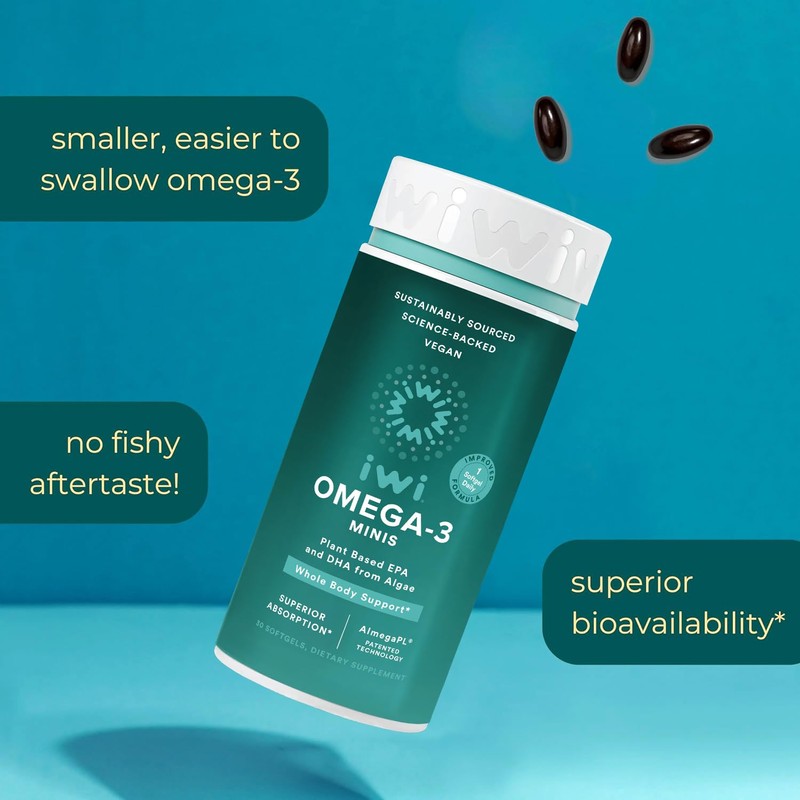 Iwi Omega-3 Mini Softgels (30 Servings), Easy to Swallow, Plant-Based
