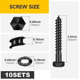 (10Sets) 3/8" x 2-1/2" Hex Head Lag Bolts, Heavy Duty Lag Screws with Washers, 304 Stainless Steel Bolts 18-8, Lag Screws Wood Screws, Partial Thread Black Oxide, 3/8 Bolt by Mywish