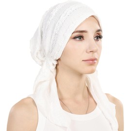Babalet Slip-On Pre-Tied Beanie Women Headwear Turban Beanie Caps Head Wrap Headscarf for Women Sleep Hair Cover Hat Stretchy Lace Fabric, White