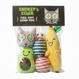 Smokey's Stash Catnip Filled Banana, Avocado, and Smokey Cat Toys with Sisal Mouse and Ball for Cats
