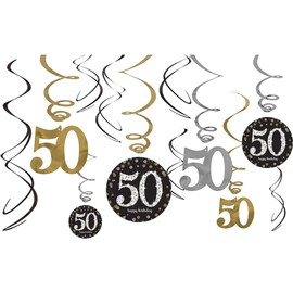 Birthday Decorations Kit-50th Birthday Decorations Fifty Year Old Hanging Swirls Gold Glitter Happy Birthday Sparkling Celebration Black Gold Hanging Swirls Anniversary Decorations