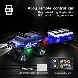 Hotfree New 1/64 Mini RC Monster Truck, Metal Off-Road Vehicle with Trailer, 2.4GHz Remote Control All-Terrain Car, 3-Speed Adjustable, USB-C Rechargeable, Desktop Play, Indoor Outdoor Racing Toy, Fun Birthday Gift for Kids Boys:_HM-222-04