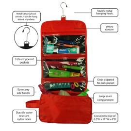 Ensign Peak Hanging Travel Bag with Toiletries Organizer and 360 degree Swivel Hook, Red