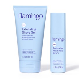 Flamingo Flamingo Pubic Hair Shaving Skin Care Set, Exfoliating Shaving Gel for Women 5 fl oz with Restorative Post Shave Serum 1.7 fl oz
