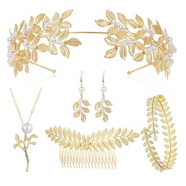 VIDSTW Greek Goddess Costume Laurel Wreath Jewellery Set Includes Earrings Bracelets Necklace Hair Bands Hair Combs Bay Leaves Jewellery Set for Bride Wedding Toga Party, Alloy Steel