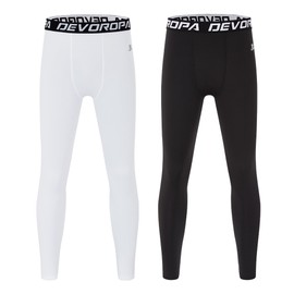 DEVOROPA Boys Leggings Quick Dry Youth Compression Pants Sports Tights Basketball Base Layer 2 Pack Black/White M