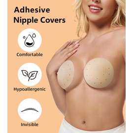 FHTECO Cakes Nipple Cover Silicone Self Adhesive Bra Breathable Sticky Bras Water-Proof Reusable Backless Invisible Bra (S, 5, 3#Cream)