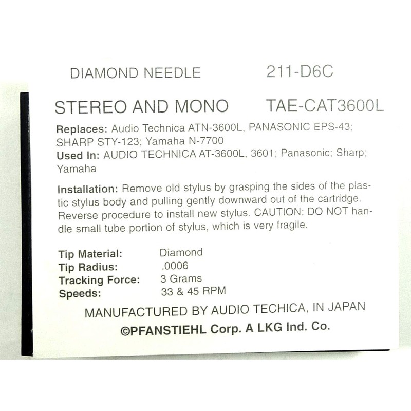 Pfanstiehl Phonograph Needle For Audio Technica AT3600L ATN3601 Panasonic EPC-36,
