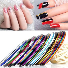 PKOUVOO Pack of 30 Nail Art Decoration Line Nail Stickers, Multicoloured Acrylic Nail Shapes Tape DIY Design Nail Art Stickers (Multi-Colour)