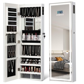LED Mirror Jewelry Cabinet with Bluetooth Speaker, Wall/Door Mounted Jewelry Organizer Armoire, Full Length Lighted Mirror with Jewelry Storage,Jewelry Box Standing for Women