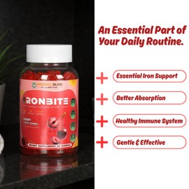 Herbal Bliss Best Iron Gummies for Anemia & Teens - Iron Bisglycinate Gummies Vitamins C, D3, & Zinc for Max Absorption, Immune & Energy Support - Vegan, No Sugar - Cherry Flavor