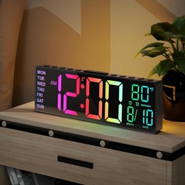 10.5-Inch Digital the Clock, 8-in-1 RGB Color, Date, Month, Temperature LED Display, Automatic DST, Modern Decorative Design, Suitable Desk, Wall, Living Room, Bedroom, Gift, young and Old - Color: White, Size: 10.5''