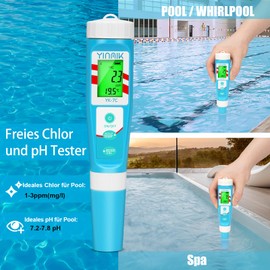 pH Chlor Messgerät, Pool pH Leitfähigkeit Messgerät, Digitales ORP Messgerät, Salzgehalt Tester für Salzwasserpools, 7 in 1 pH Chlor Salz ORP TDS EC Temp Messgerät