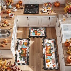U'Artlines Pumpkin Fall Kitchen Rugs with Runner Sets 3 Piece, Farmhouse Harvest Rugs and Mats, Non Slip Washable Scalloped Kitchen Floor Mats for Home Hallway Sink Decor(Black＆White)