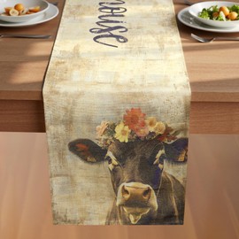 ​VIV CHERBL Fall Table Runner with Floral-Crowned Cow,Thanksgiving harvests Farmhouse Style Autumn Table Decoration for ​Dining​ Party and Home ​Decor,72x13 ​inches​