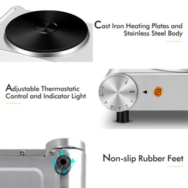 CUSIMAX Double Burner, Electric Hot Plates for Cooking, 1800W Double Hot Plate, Portable Electric Stove, Countertop Burners with Cast Iron Heating Plates, Works with All Cookwares, Upgraded Version