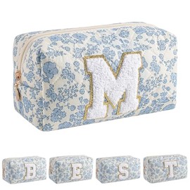 JOVAKIT - Bolsa de maquillaje del alfabeto para mujeres, regalos de Navidad para niñas de 11 a 18 años, bolsa de aseo de viaje con cierre, bolsa organizadora de cosas de moda, Azul Floral, Medium (3