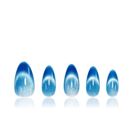 Handmade Press on Nails Medium Almond Cat Eye Fake Nails for Women's 10pcs (Light Blue, S)