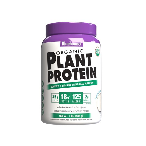 Bluebonnet Nutrition Organic Plant Protein - 18g Protein, 3.5g Fiber – Chia, Quinoa & More - Non-GMO, Vegan, Kosher, USDA Organic, No Sugar Added – Free of Gluten, Soy & Milk - 1 LB, Vanilla Flavor