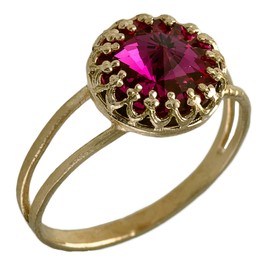 Gold Plated Crown Ring for Women with Pink Crystal Stone, 8mm- Crown Shaped Gold Rings, Cocktail Ring
