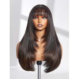 GORGIUS Highlight Straight Wig with Bangs, Glueless Black and Brown Layered Wig, Pre Cut Lace Bang Wig with True Scalp, Put On and Go Curtain Bangs Wig Upgraded with Premium Fiber