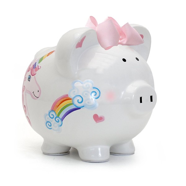 Child to Cherish Ceramic Piggy Bank for Girls, (Unicorns and Rainbows)