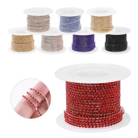 Glarks 1 Roll 2mm x 10 Yards Rhinestone Chain, Bright Red Color Premium Crystal Rhinestone Close Chain Trim Beaded Claw Cup Chain Roll for Sewing Craft Jewelry Party Wedding Decoration (Silver Base)