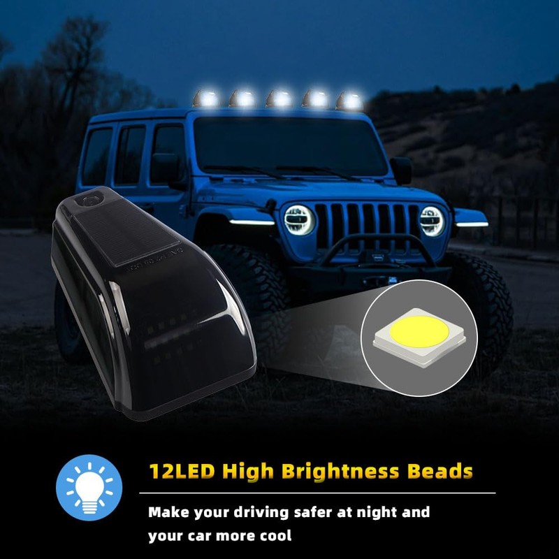 5Pcs No Drill Car Cab Lights, Solar Powered Waterproof Wireless