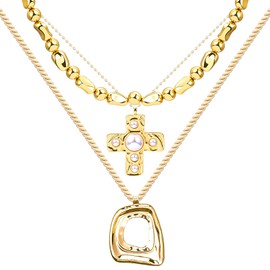 Quelay 3 Pcs Gold Chunky Cross Necklaces Set for Women Hammered Cross Pendant Irregular Boho Statement Necklace Layered Gold Plated Chain Necklace Set for Fashion Accessories Holiday Party Jewelry