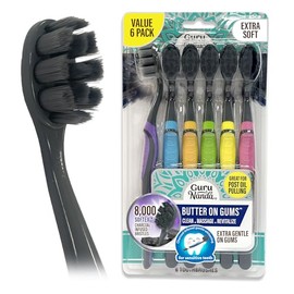 GuruNanda Butter on Gums Charcoal Toothbrush - 8000+ Softex Bristles for Sensitive Teeth & Gums, Aids in Teeth Whitening, Extra Soft (6 Count)