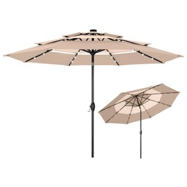MFSTUDIO 10ft 3 Tier Solar Patio Umbrella, Outdoor Market Umbrellas with 24 LED Lights, Auto-tilt, Sun Shade for for Backyard Deck Garden, Beige & Khaki