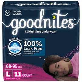 Goodnites Girls' Nighttime Bedwetting Underwear, Size Large (68-95 lbs), 11 Ct, Packaging May Vary