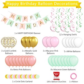 CANREVEL Pink White Green Birthday Decorations, Happy Birthday Banner, Metallic Hanging Swirls, Circle Dots Garland, Party Balloons, Pastel Birthday Party Supplies for Women Men Boys Girls