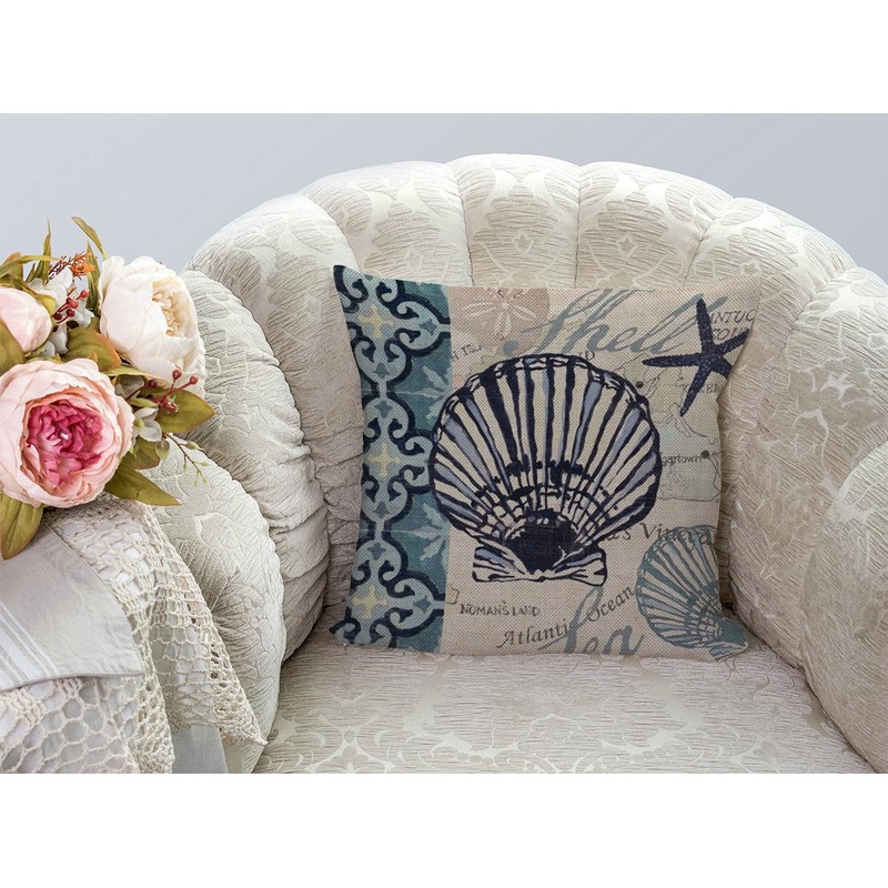 Smooffly Scallop Cushion Cover Starfish Seashell Decorative Ocean Throw Pillow