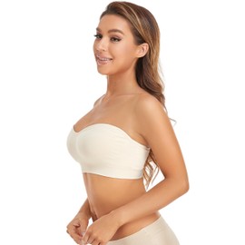 Lusait Strapless Bra for Women Non-Slip Silicone Padded Bandeau Bra Wireless Tube Top Bra Beige L