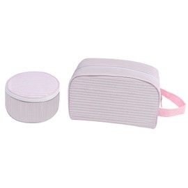 Hiroyuki 2 Pcs Stripe Makeup Bag Pouch Seersucker Cotton Portable Cute Cosmetic Bag Round Large Capacity Cosmetic Travel Toiletry Organizer Circle Bag Set Wash Bag Organizer (Pink)