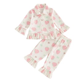 Toddler Girl Pajamas Set Loungewear Sleepwear Outfits Heart Print Long Sleeve Button Down T-Shirts Sweatshirts Tops and Elastic Pants 2Pcs Clothes Set for Little Girls (Pink Beige, 2-3 Years)