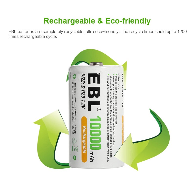 EBL D Cell Size NIMH Rechargeable Batteries 1.2V Battery +