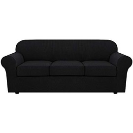 H.VERSAILTEX 4 Piece Stretch Sofa Covers for 3 Cushion Couch Covers for Living Room Furniture Slipcovers (Base Cover Plus 3 Seat Cushion Covers) Upgraded Thicker Jacquard Fabric (Sofa, Black)
